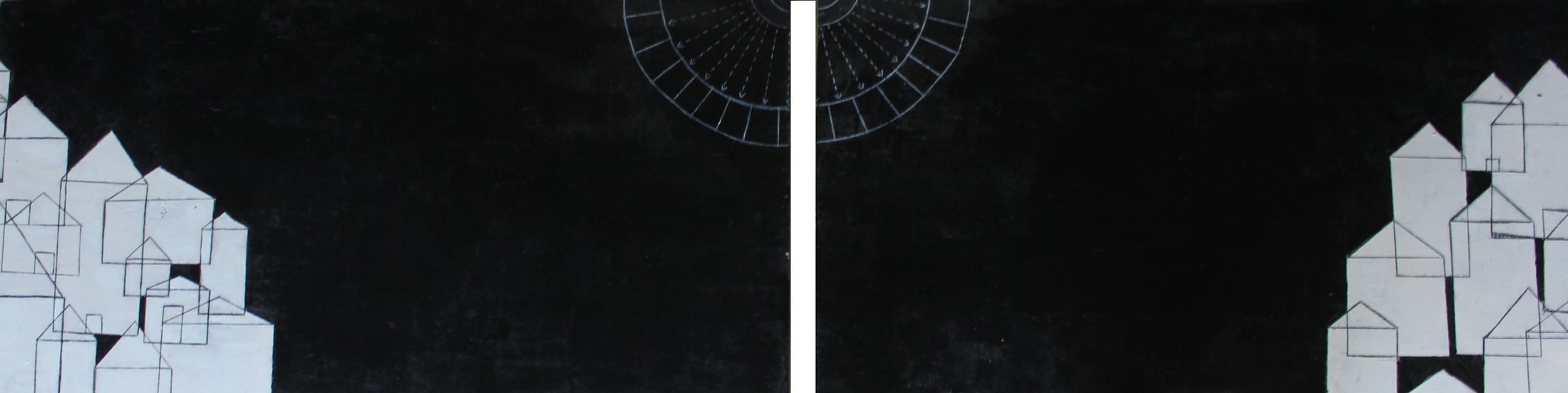 Two of the panels laid side by side: black fields, white houses at the outer edges, the panopticon's arcs where they meet.